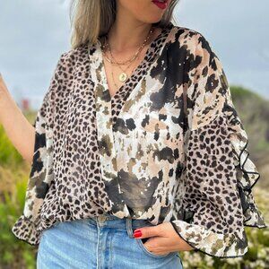 SALE - Multi Leopard Print Ruffle Bell Sleeve Chiffon Top